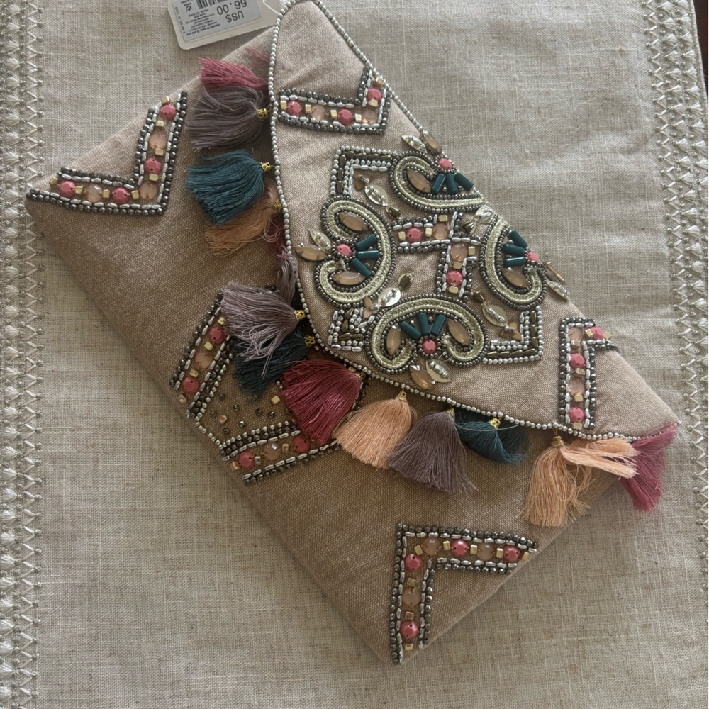 Boho Beaded Envelope Clutch w/ Tassels Pink Teal Neutral Evening Bag